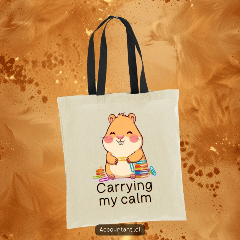Funny Capybara Accountant Tote Bag: A calm capybara smiles while stacking colorful paper clips, ready for errands.