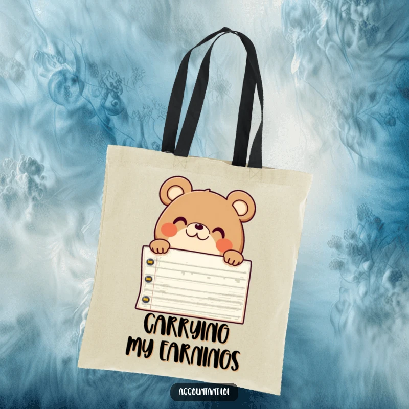 Funny chubby bear peeking over a massive ledger, looking pleased and surprised, a humorous tote.