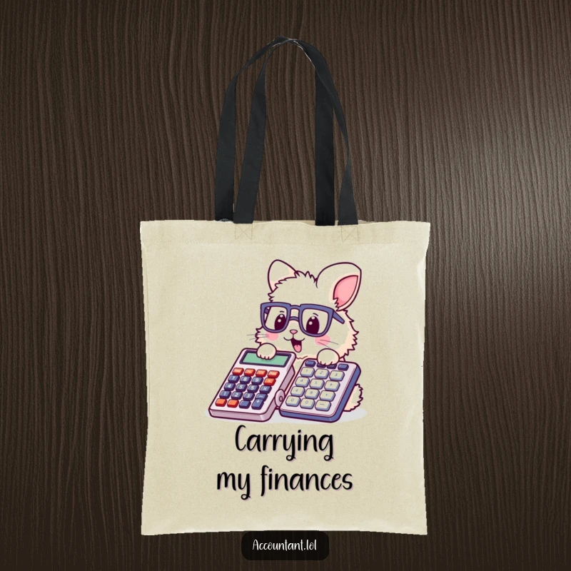 Funny bunny accountant tote bag, a cute fluffy rabbit wearing glasses, humorously stamping a massive calculator, ready for shopping.