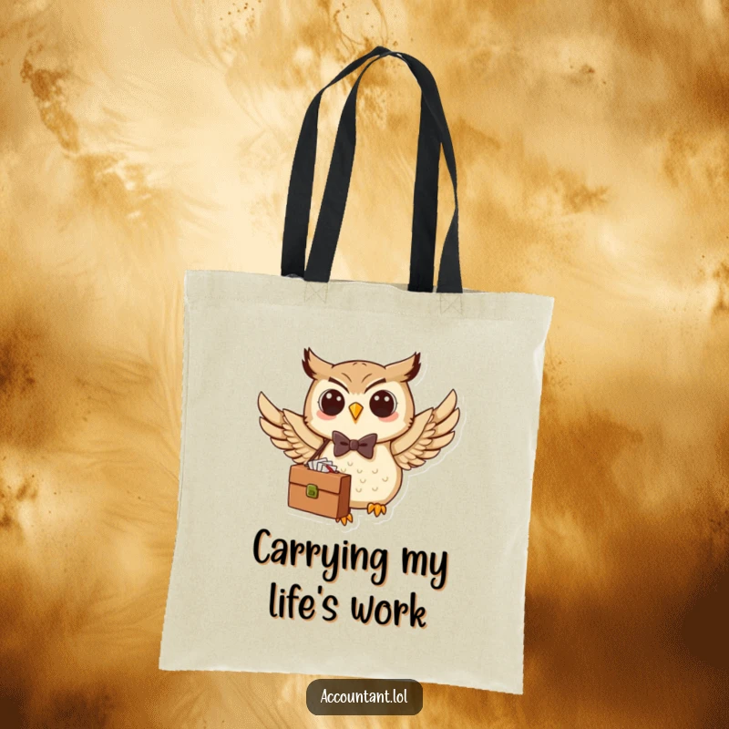 Funny Owl Tote Bag: A cheerful owl in a bow tie carries a briefcase full of papers, ready for any task.