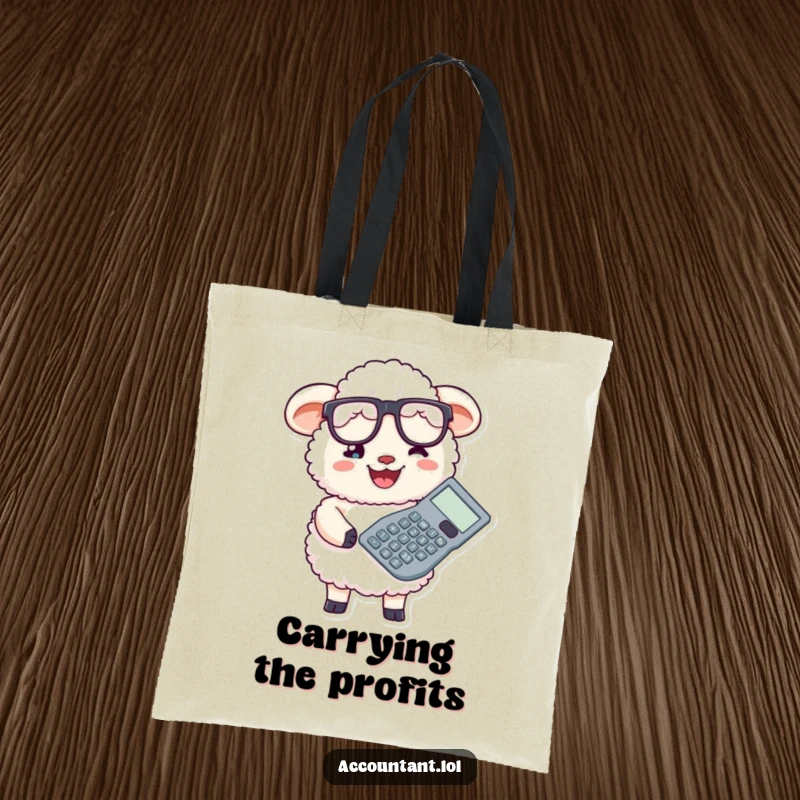 Funny fluffy sheep with glasses holding a giant calculator, smiling, ideal for a humorous, functional tote.