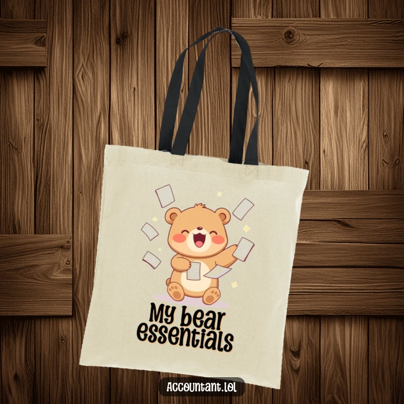 Funny Bear Analyst Tote Bag, a cute bear, juggling spreadsheet documents, humorous and practical, perfect for work or errands.