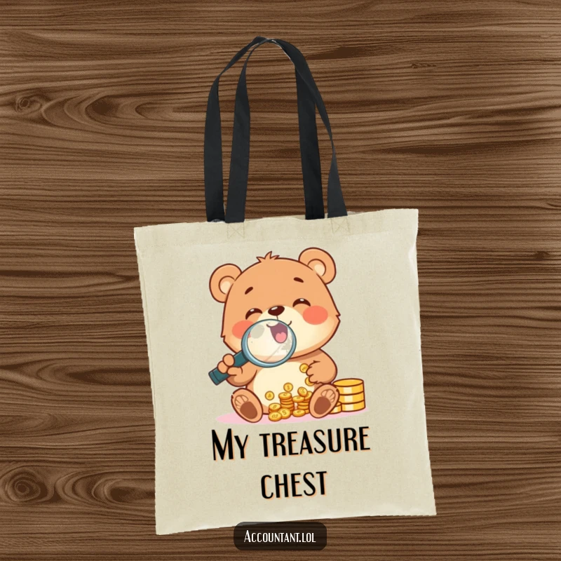 A cheerful bear cub is gleefully counting coins with a magnifying glass on a durable and funny tote bag.