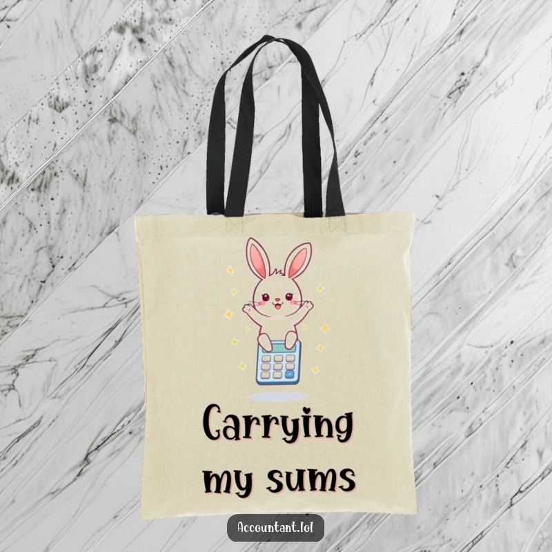 Funny tote bag design with a delighted bunny energetically bouncing on a calculator, framed by bright starbursts, for stylish carrying.