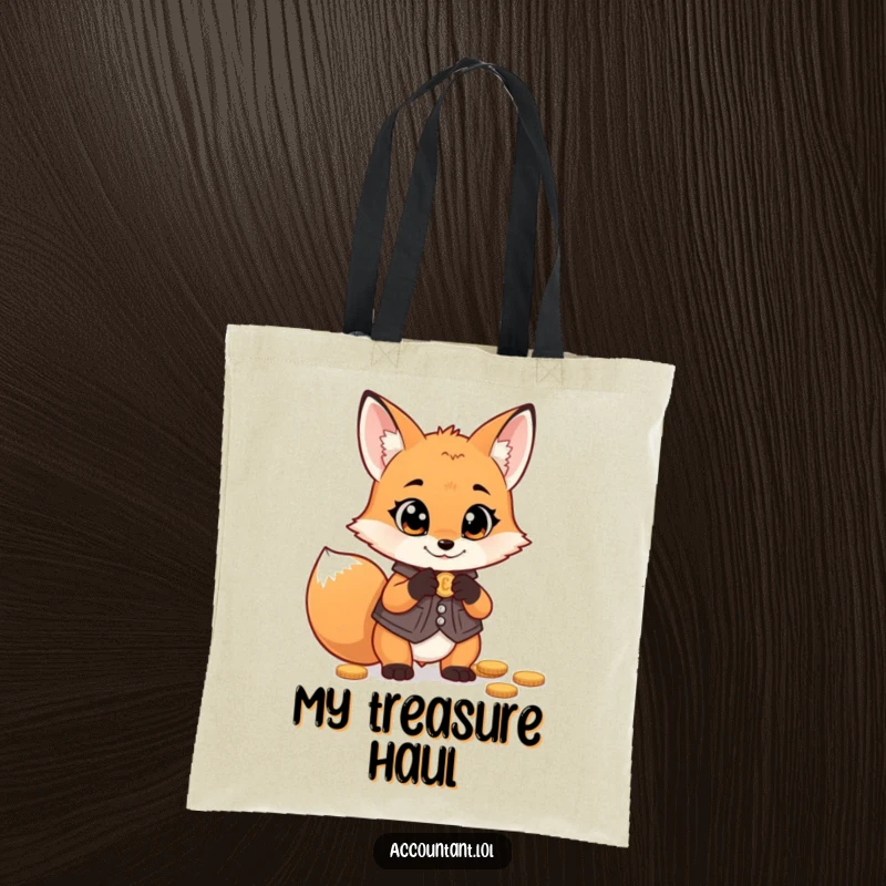 Funny fox money tote bag, a mischievous fox in a vest, counting coins with wide eyes, ideal for shopping.