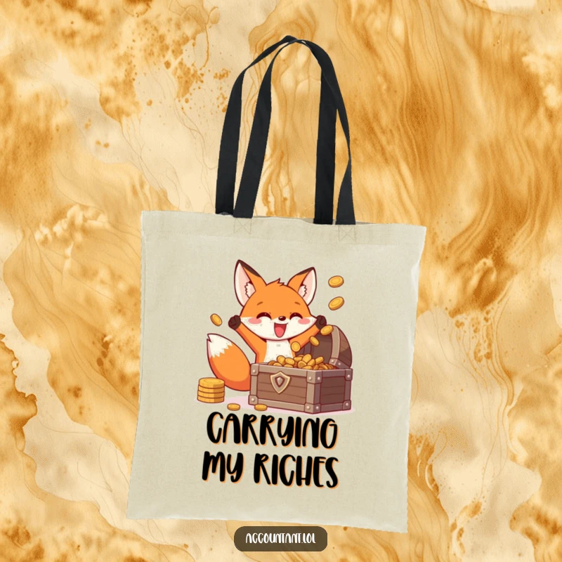 Funny fox treasure tote bag, an energetic fox in a triumphant pose, joyfully tossing coins into a treasure chest, perfect for shopping.