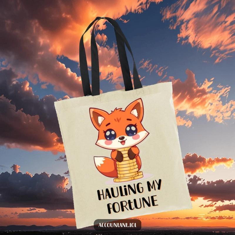 Funny giddy red fox stacking oversized coin stacks with wide, excited eyes, on a stylish tote bag.
