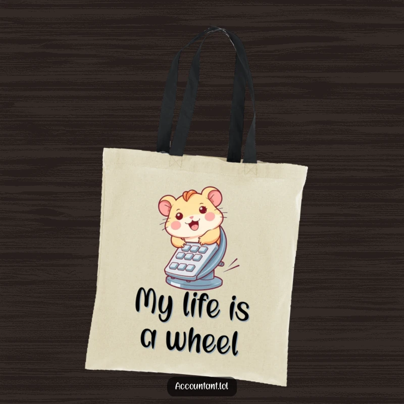 Funny tote bag showcasing a hamster's determined sprint on a calculator wheel, a practical yet funny accessory.
