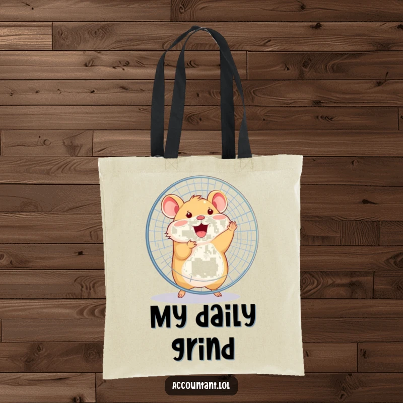 Funny happy hamster joyfully spinning a large office fan with its entire body on a durable tote bag.