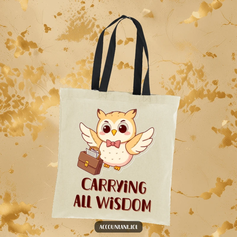 Funny happy owl in a bow tie, flying with a briefcase, a chic and humorous tote bag for professionals.