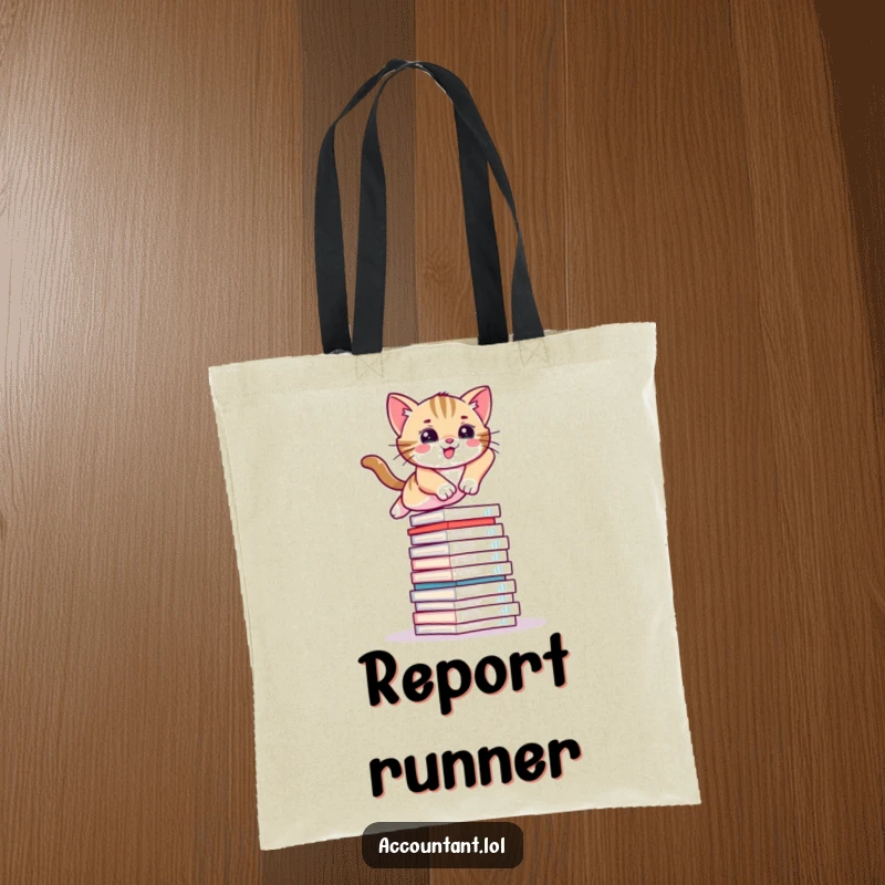 Funny tote bag featuring a nimble kitten mid-air, jumping over a stack of financial papers, adding charm.
