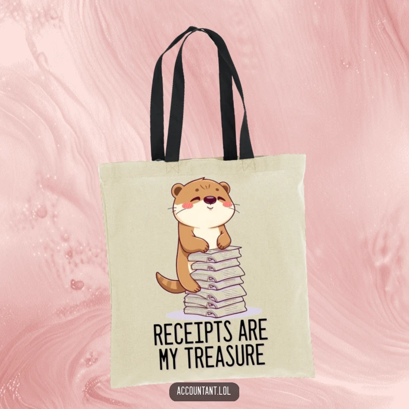 Funny otter tote bag, a playful otter balancing a huge stack of receipts with a wink, spacious and humorous accessory.