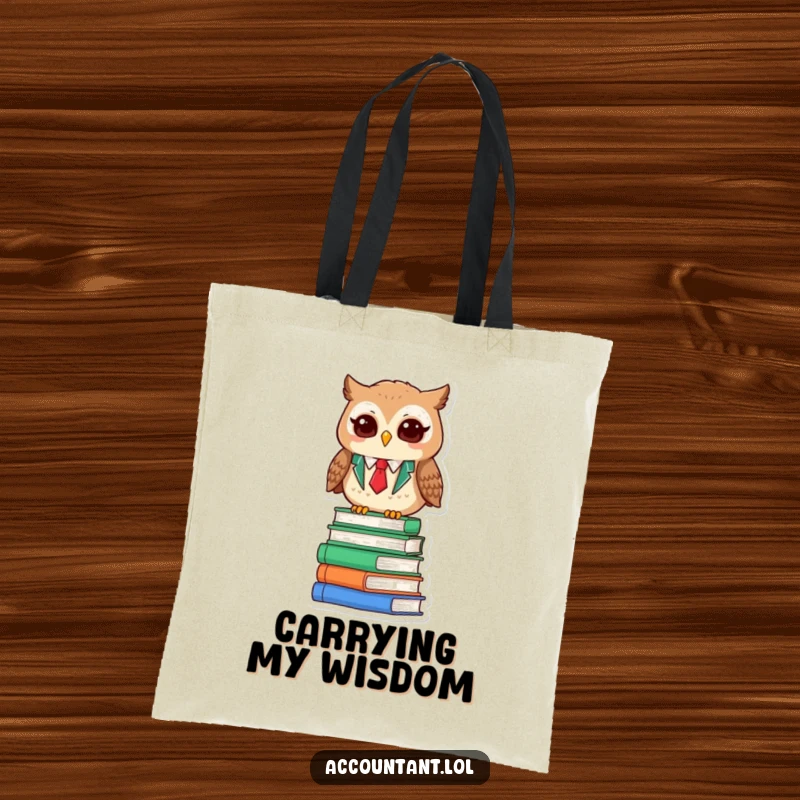 Funny Owl Accountant Tote Bag: A wise owl accountant sits contentedly on books, ready for errands.