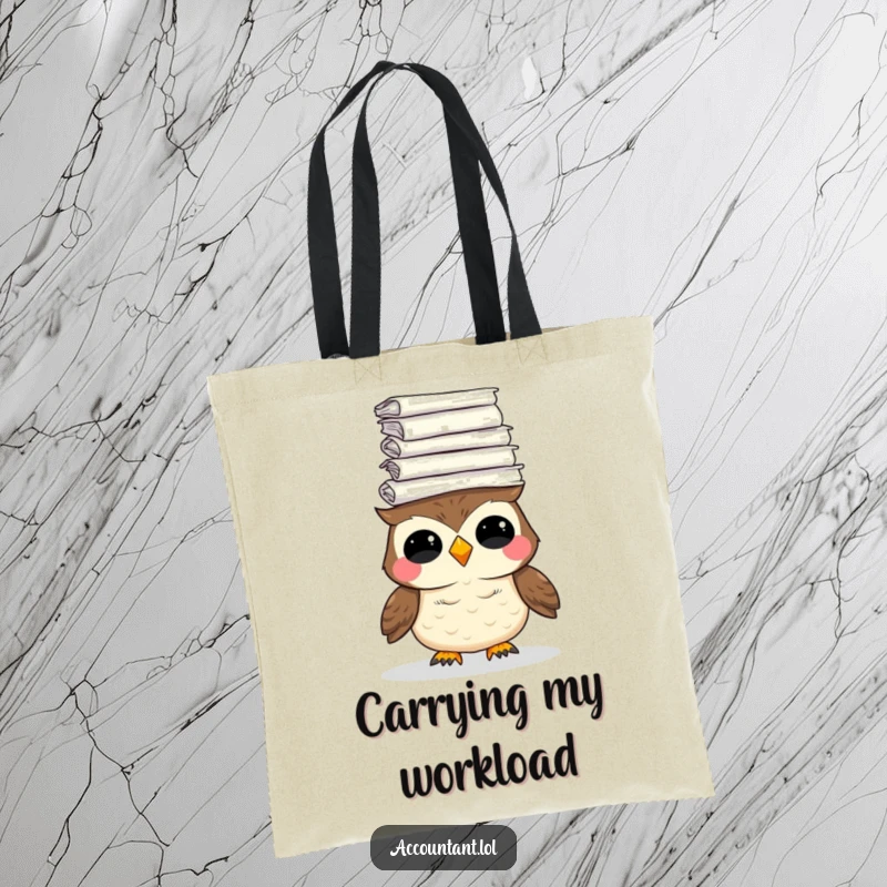Funny tote bag featuring a giggling owl balancing a huge stack of paper, a humorous accessory for carrying books and documents.