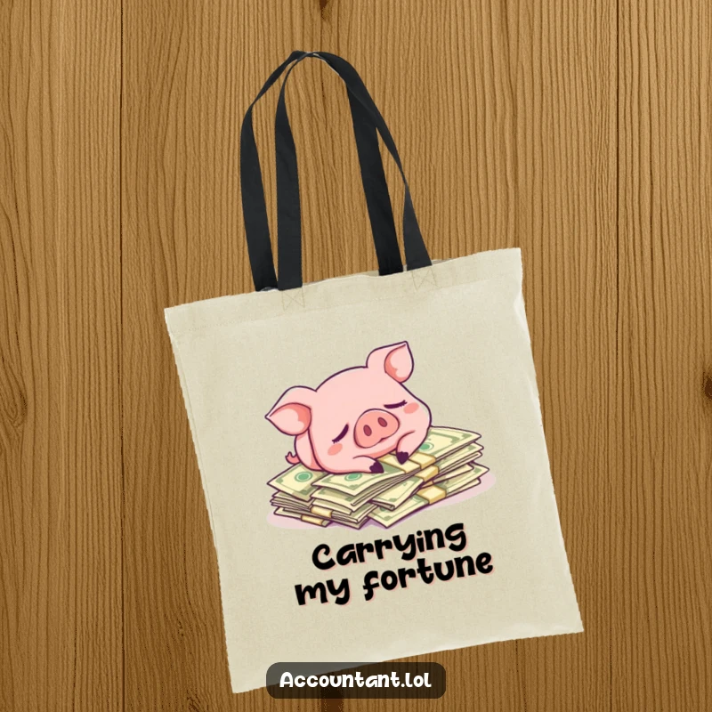 Funny tote bag with a pig sleeping on dollar bills, a humorous and practical accessory for carrying necessities.