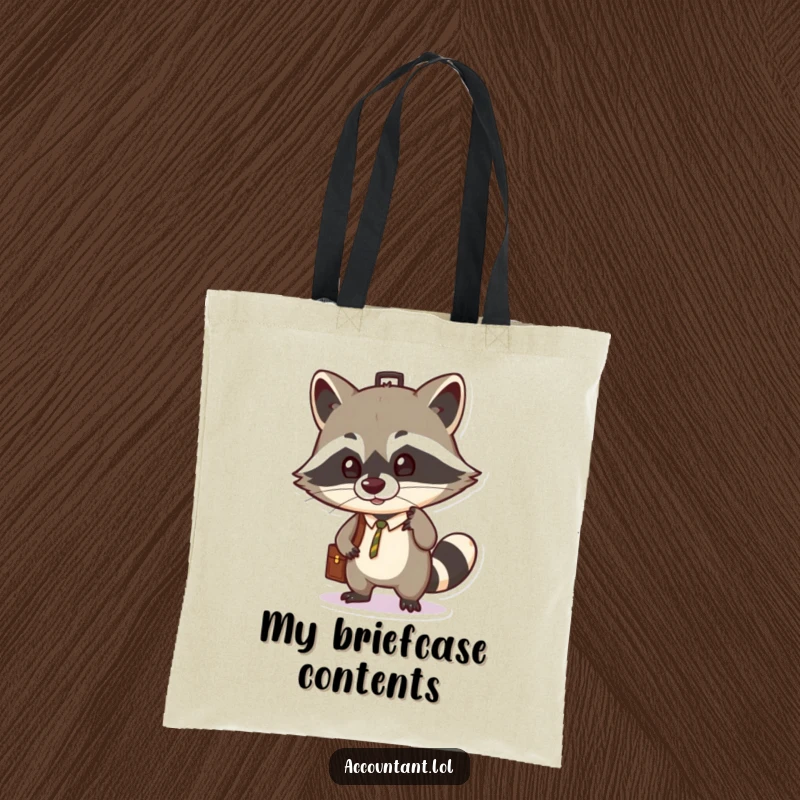 Funny tote bag featuring a mischievous raccoon balancing a business briefcase on its nose, perfect for carrying your daily essentials.