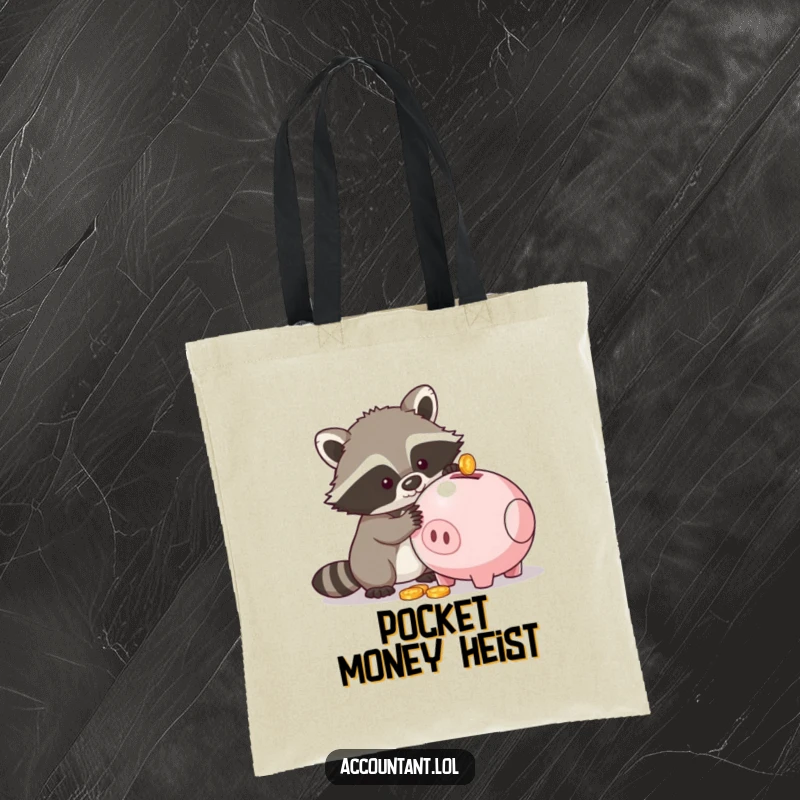 Funny tote bag with a raccoon trying to get coins from a piggy bank, a humorous and practical accessory.