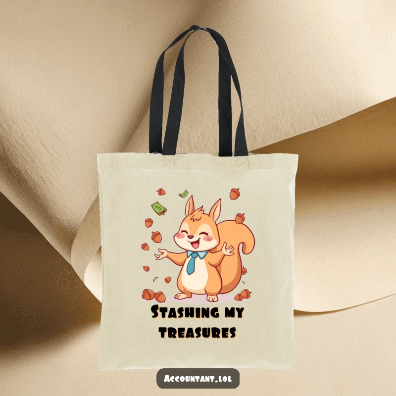 Funny squirrel accountant juggling acorns like falling money with a joyful expression, a practical tote.