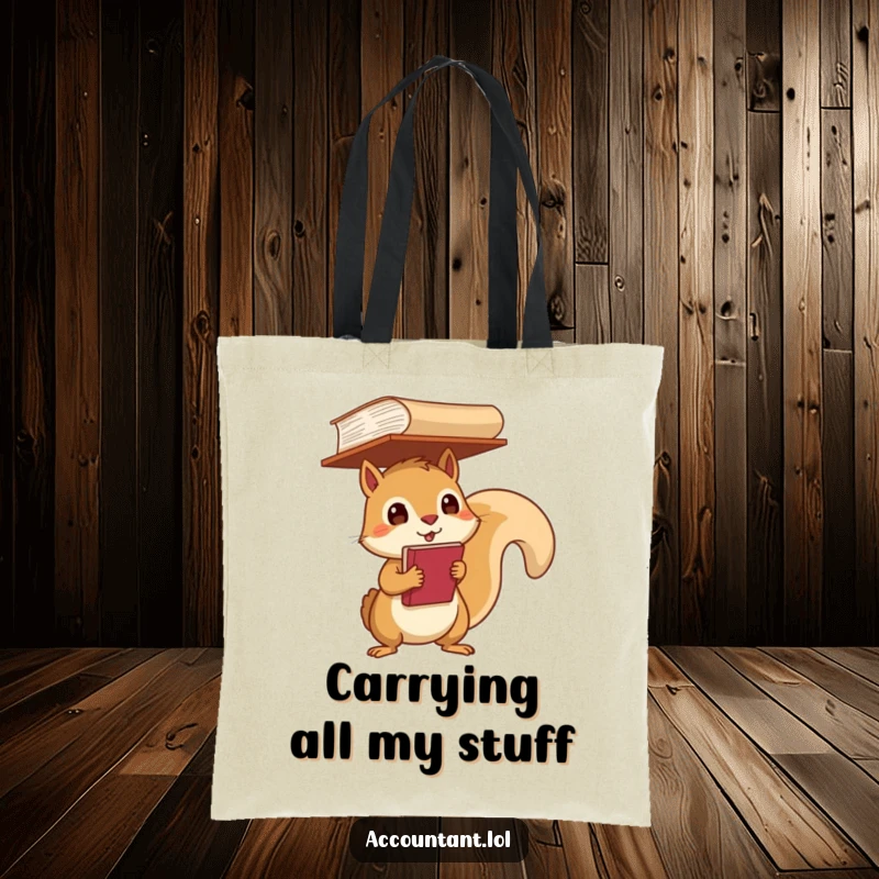 Funny Tote Bag with a determined squirrel balancing a ledger on its head, a humorous carry-all.