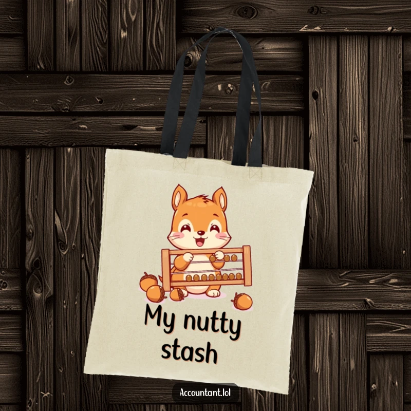 Funny Squirrel Saver Tote Bag, a tiny squirrel, counting acorns with an abacus, humorous and practical, perfect for shopping.