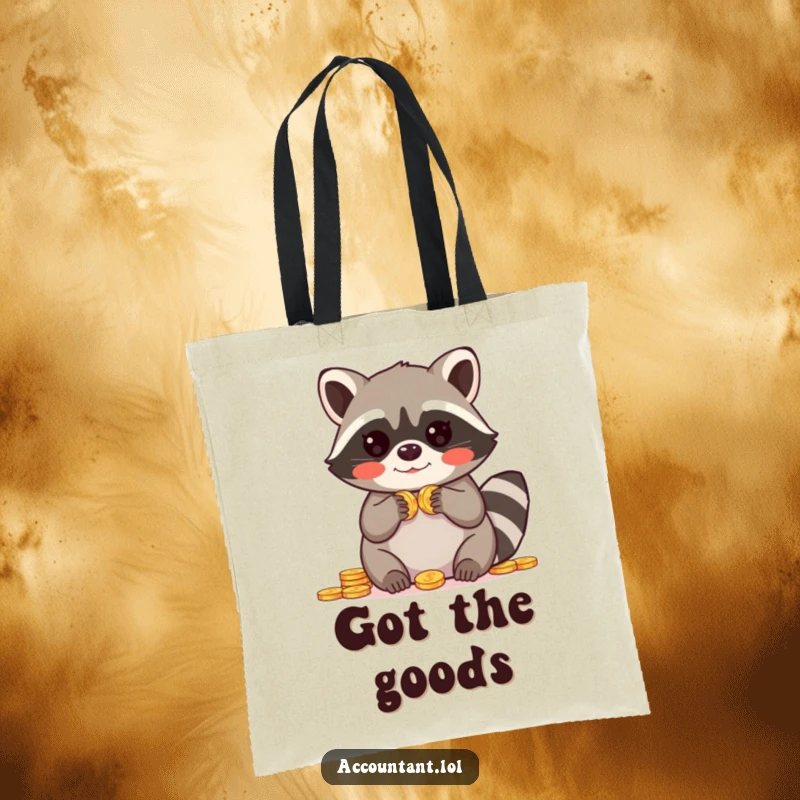 Funny tote bag featuring a blushing raccoon with paws raised in amazement over a pile of counted coins.