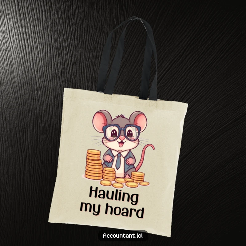 Funny mouse accountant with large glasses, sorting small coin piles with great enthusiasm, a practical tote.