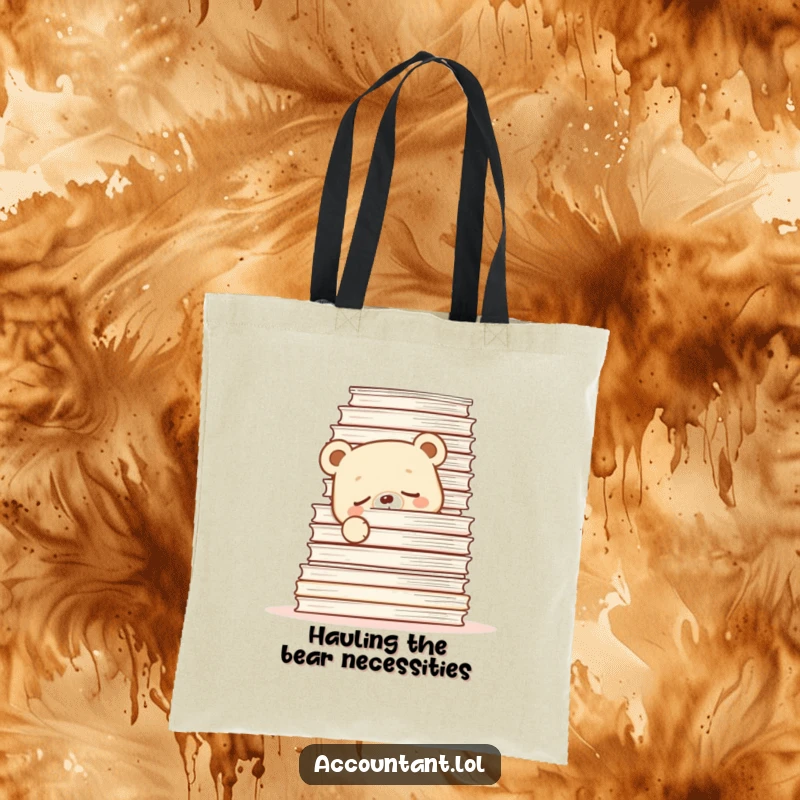Funny Tote Bag with a sleepy bear cub peeking from behind documents, a humorous take on paperwork.