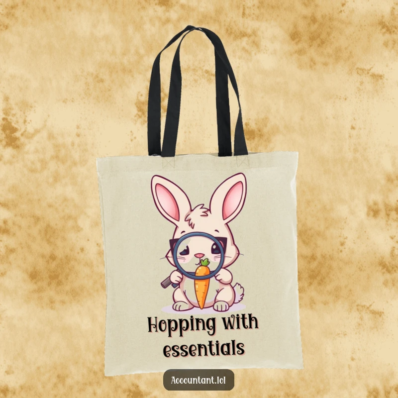 Funny Bunny Auditor Tote Bag: A bunny auditor inspects a tiny carrot with a magnifying glass, ready for shopping.