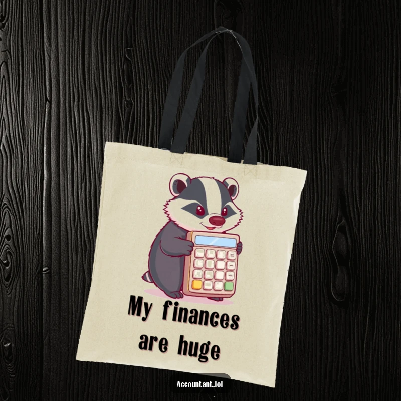Funny Badger Tote Bag: A determined badger pushes a large calculator, making it a stylish and humorous carry-all.