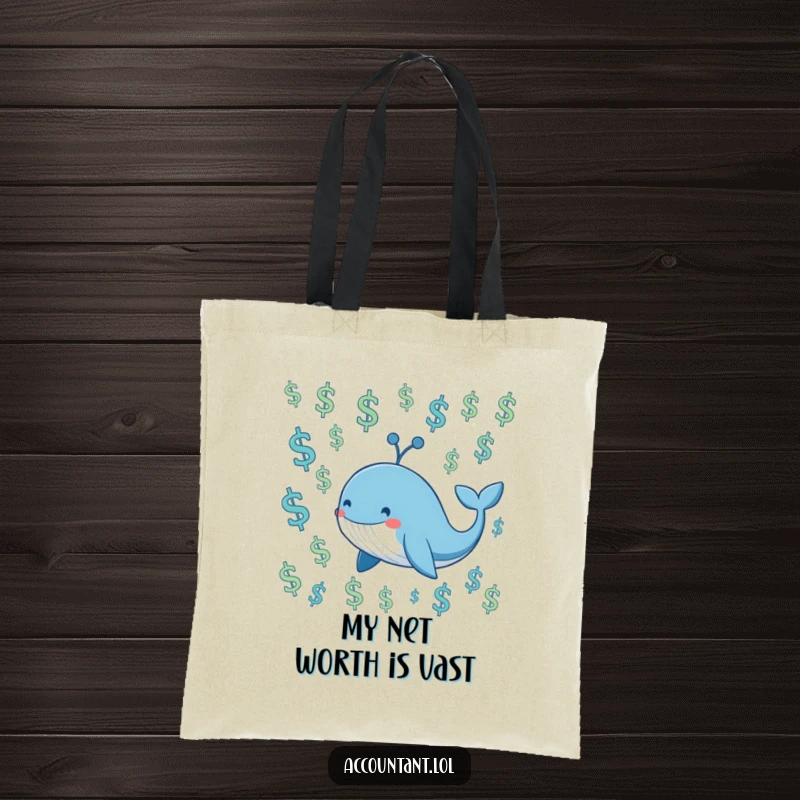 Funny smiling blue whale swimming through a sea of floating dollar signs, on a stylish tote bag.