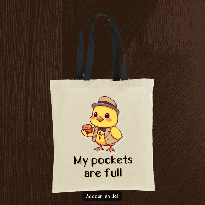 Funny cheerful yellow chick in a tiny suit balancing coins on its beak, on a durable tote bag.