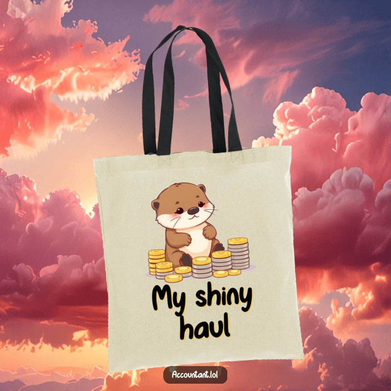 Funny tote bag depicting a diligent otter carefully arranging coins into neat piles, ideal for carrying items with a humorous saving theme.