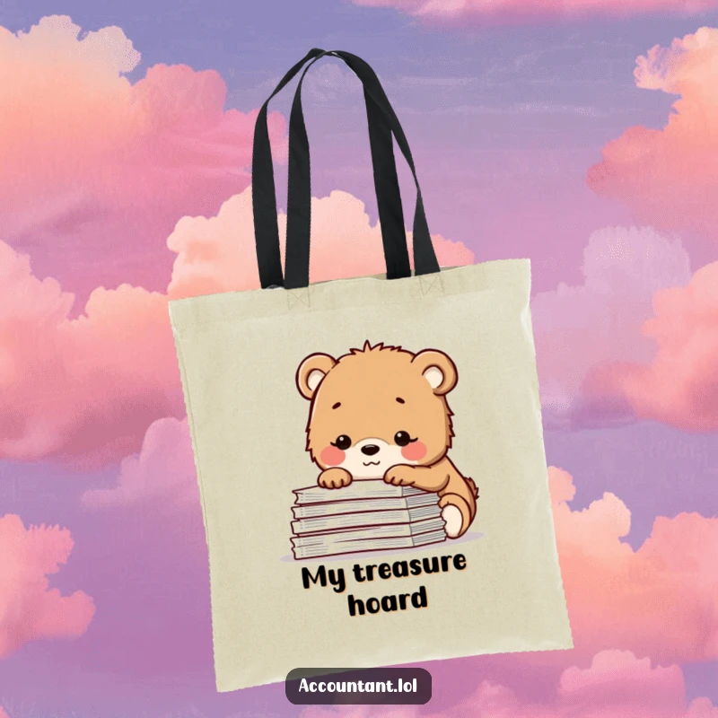 Funny tote bag featuring a contented bear cub smiling over a pile of spreadsheets, ideal for carrying daily essentials with a calm, humorous touch.